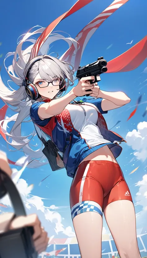 best quality, Good quality, 16K, Unbelievably ridiculous, Very detailed, 2.5D, Delicate and dynamic, Blue sky , shooting,  shooting比赛，Aiming with a gun，Tight sportswear，Wear noise-cancelling headphones，Wear glasses，Raise your pistol and aim，Sexy的17岁女孩，站立sh...