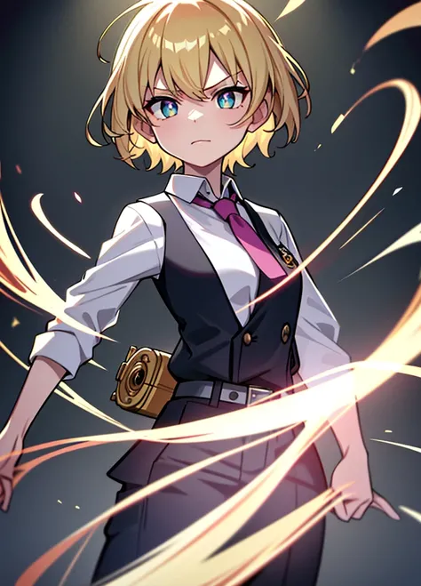 best quality,highres,masterpiece,sparkles,ornate,bloom light,ambilight,halatio,detail skin,((skin glowing, subsurface scattering)),particles,ray tracing,1girl,black belt, blonde hair, closed mouth, collared shirt, grey pants, grey suit, gun, hand in pocket...