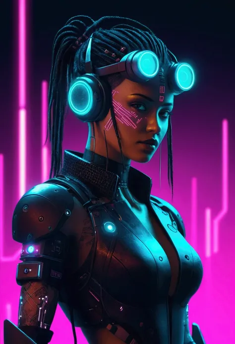 a cyberpunk character with technological implants and a neon background. Use a dark color palette and add a halftone and noise effect to give it a vintage look.