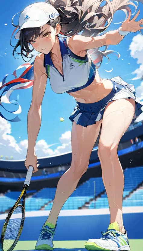 best quality, Good quality, 16K, Unbelievably ridiculous, Very detailed, 2.5D, Delicate and dynamic, Blue sky , tennis,  tennis比赛，拿tennis拍，Tight sportswear，tennis拍击球，Sweat，Short skirt，Sexy的17岁女孩，挥动tennis拍，Olympic，Olympic Games uniforms，Big ，Sexy，tennis拍，Vi...