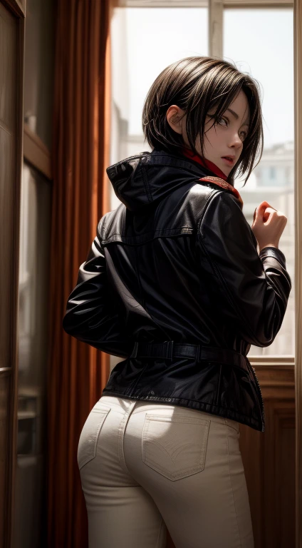 A close-up shot of Mikasa Ackerman standing with her back facing the viewer. Shes wearing a paradis military uniform with a red scarf tied around her neck, and a thigh strap on her leg. Her short black hair is styled between her eyes, framing her closed-of...