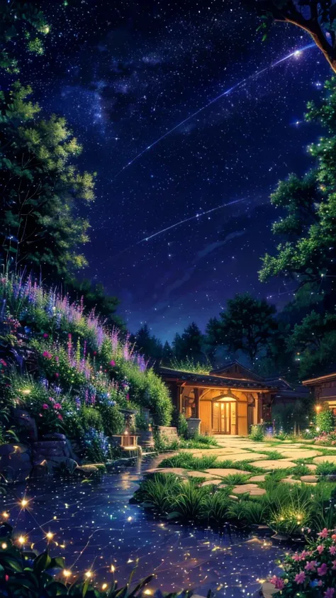 masterpiece, gorgeous, night, flowers, garden, starry sky, constelations, stunning, view, water, warm, cozy, peaceful, meteor, cosmic, magic, magicle, particles, faires, ((fireflies))