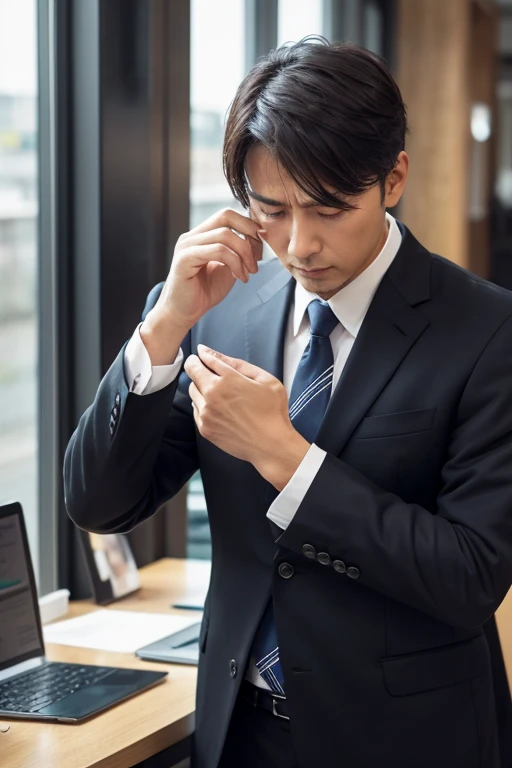 An adult man who is tired and worn out from working too hard、Background to the workplace、In a suit、Holding his head