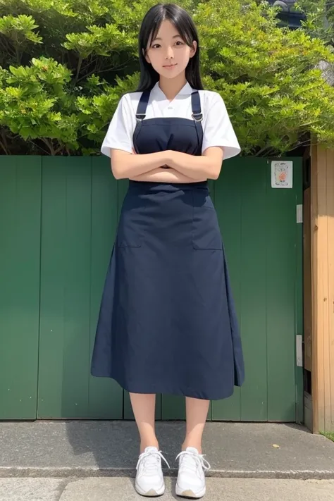 
One girl, High resolution, Japanese women in their 20s、Black Hair、Shortcuts、green apron、Green long skirt、Japanese restaurant clerk、Navy blue sneakers on both sides