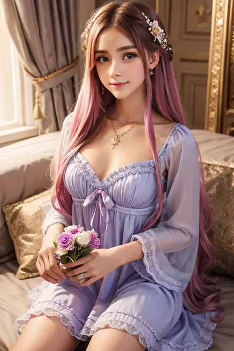 1 girl, long hair, bright hair color, seductive eyes, Mysterious expression, mature appearance, charming dress, flowy dress, elegant jewelry, Intricate decoration, magic symbols, luminous accessories, potions, scrolls, cute accents, bows, ribbons, flowers,