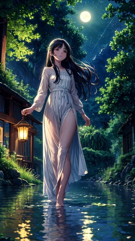 (masterpiece:1.5), best quality, very aesthetic, absurdres, anime style, 1girl, female, 17 years old, long black hair, hair gently blowing in the wind, calm and serene expression, white dress, standing by the lakeside, looking at the full moon reflected in...