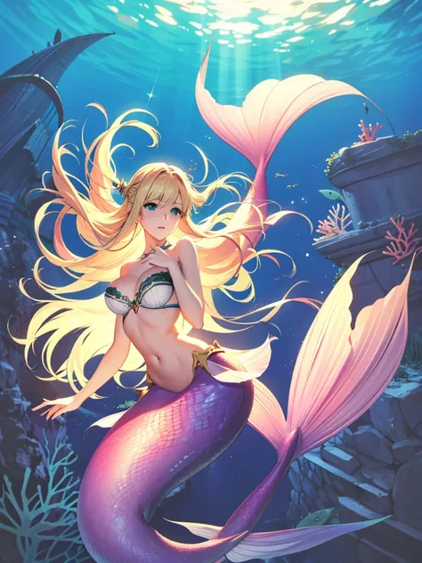 violet evergarden, mermaid, underwater sea, coral, fish, masterpiece, best quality, 1girl, solo, blonde hair, long hair blue eyes, large breasts, bra, looking at viewer, green mermaid tail,