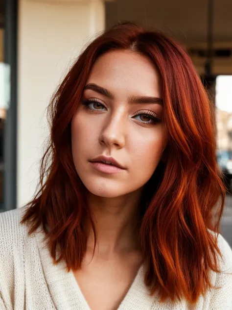 instagram photo, french woman, 21 years old, square haircut, red hair, close-up portrait, sweater, neckline, pallor, sharp shado...