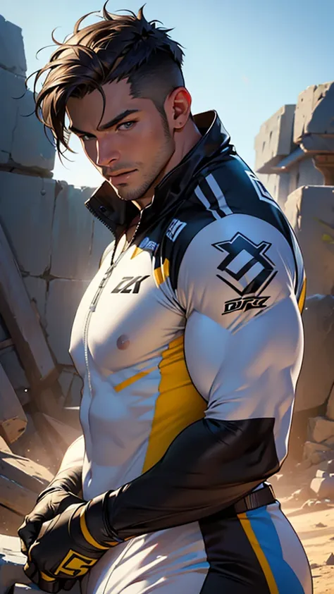 a muscular handsome man in a motocross suit,bulge ,detailed face, detailed eyes,detailed lips,detailed costume,dynamic lighting,cinematic composition,highly detailed,masterpiece,photorealistic,4k,8k,HDR,studio lighting,