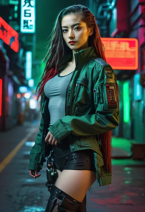 Beautiful girl small tits, wear a sturdy jacket, Longhaire, machine arm in a cyberpunk night scene, green red cyberpunk backdrop