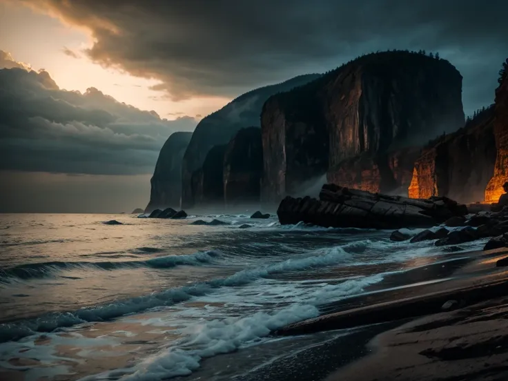 a dramatic cliff with 1000 intricate dents, dark horror atmosphere, dramatic lighting, moody colors, highly detailed, photorealistic, 8k, masterpiece