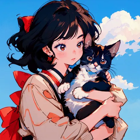 a girl, black hair,big red bow， big brown eyes, blue sky background, a cat in arms, Osamu Tezuka, high resolution, the best quality, 8k