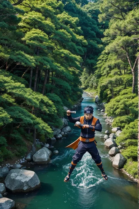 Create a Naruto and add a river and add a weapons also 