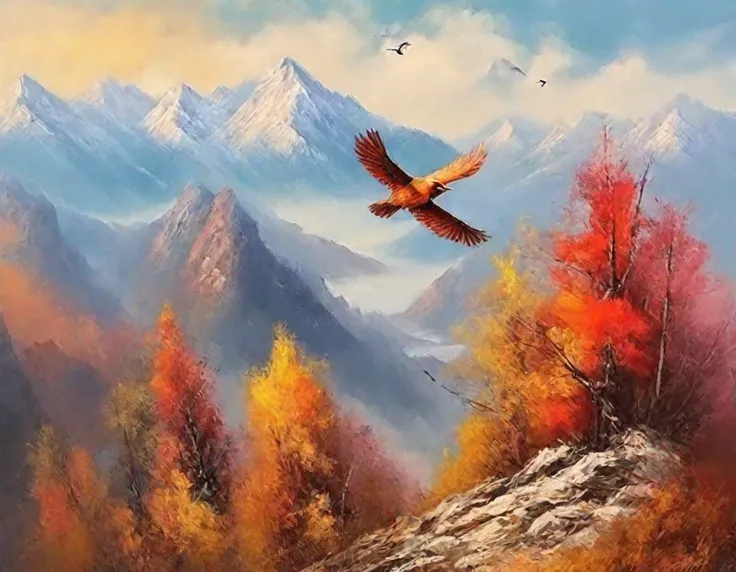 There are a few birds flying on the mountain, Mountains in autumn, hills and mountains, Mountain View, Mountains in the background, Cross the mountains, Distant Mountains, Mountains in the background, Colorful landscape paintings, Behind it is the mountain...