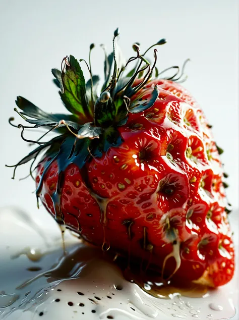 A close-up image of a single strawberry that has started to mold. The strawberry possesses an intense red color but patches of greenish-blue mold have begun to appear on its surface, contrasting sharply against the vibrant red of the fruit. It is set again...