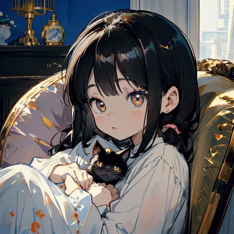 90s anime style,Cute little boy 3 years old,The boys round face,big eyes,Short black hair,Cute expression，There is a cute white and black kitten next to it,The girl wore a white dress，long hair，Bangs，There are big bows on the clothes,There is a little blac...