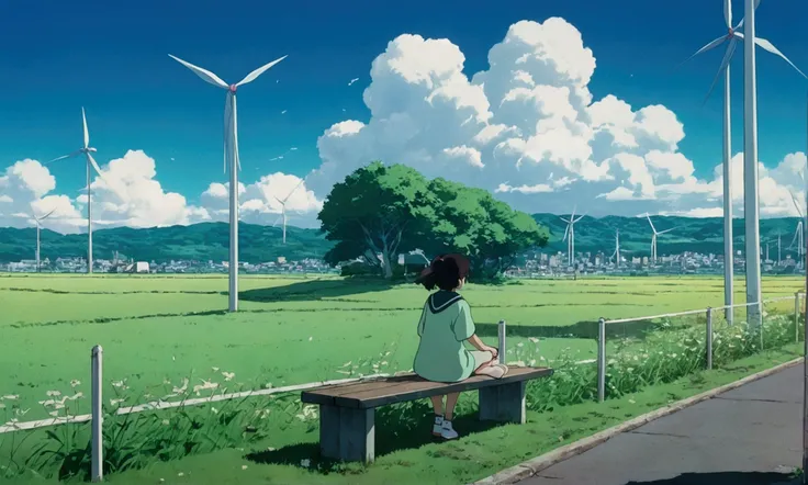 Ultra-high resolution,80s aesthetic anime ,outline,Studio Ghibli,Green Field,Wind-power generation, Girl sitting at a bus stop, Turn your back on the viewer,White cloud,Anime Bloom Effect,Soft lighting,CG particle effects 4K resolution