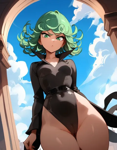 1girl, tatsumaki, one-punch man
 masterpiece, best quality, newest ///// nyantcha, khyle, cutesexyrobutts  thin waist, solo, sky, clouds, cropped legs, angry, day, looking at viewer, dutch angle, cameltoe
