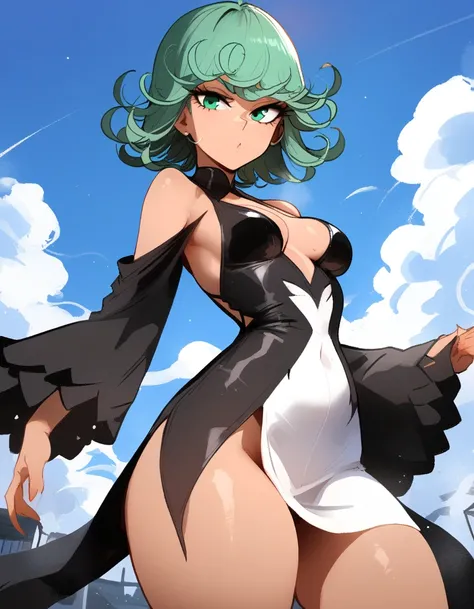 1girl, tatsumaki, one-punch man
 masterpiece, best quality, newest ///// nyantcha, khyle, cutesexyrobutts  thin waist, solo, sky, clouds, cropped legs, day, looking at viewer, dutch angle, 
