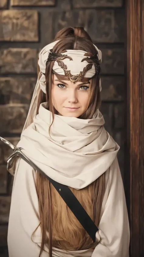 A woman with long hair, wearing a cowl and a headband on her forehead, standing in a small room, guarding and protecting the area, watching intently, with a sword on her back, detailed art work evil smile evil  face evil look