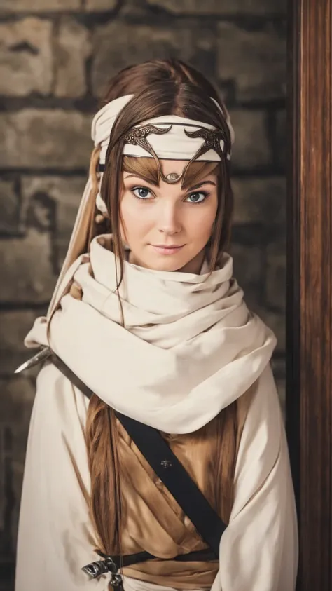 A woman with long hair, wearing a cowl and a headband on her forehead, standing in a small room, guarding and protecting the area, watching intently, with a sword on her back, detailed art work evil smile evil  face evil look