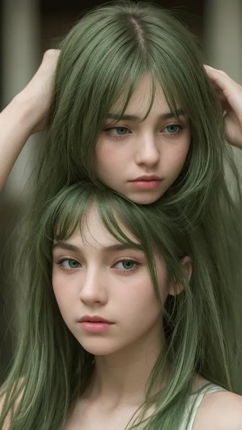 a girl. Europe. Extremely detailed face. Oval face. delicate facial features. half-closed eyes. long straight hair. messy hair. bangs. green hair. green eyes. afraid. Sad. shy. straight face