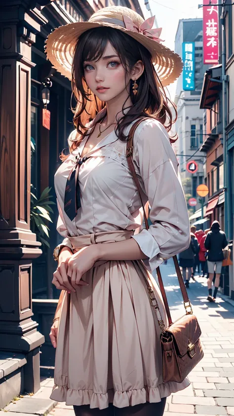 Highest quality, Detailed Background, girl, ,EUR_street,High-neck blouse with frills（Light pink)、High Waist Skirt（long)、pumps、Handbag shoulder bag、Ribbon decorated straw hat（Wide eaves)、Tie the scarf around your neck、Upstyle your hair