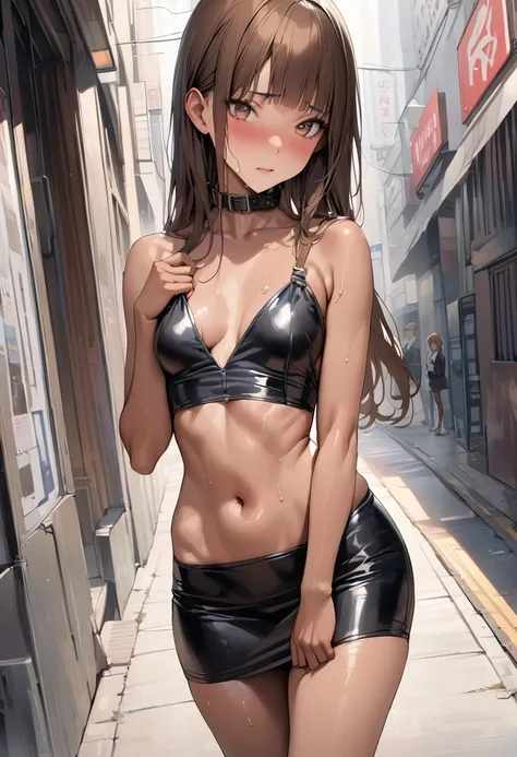 ((masterpiece,best quality anime,Highest quality:1.3)),realistic,cowboy shot,Mature Beauty,独奏,1woman,((very small head:1.3)),ideal ratio body proportions,tan skin,brown hair,bangs,straight long hair,gorgeous eyes,brown eyes,shy,(Wearing a black formal jack...