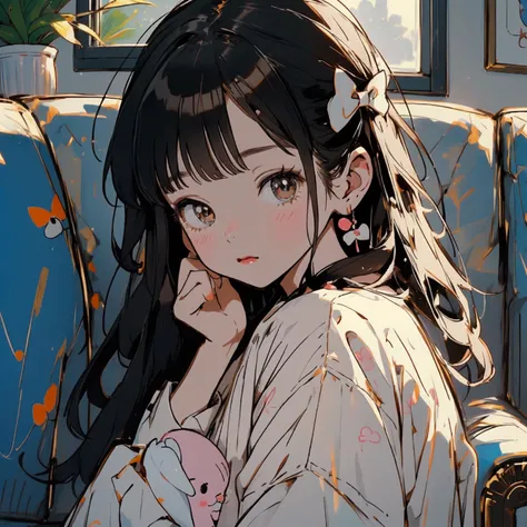 90s anime style,Cute little girl 3 years old,The girl wore a white dress，long hair，Bangs，There are big bows on the clothes,Cute expression，There is a cute white and black kitten next to it,拿着cell phone玩游戏,cell phone,sofa,Living room scene，sweet,Lovely mode...