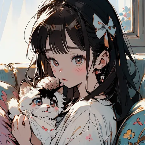 90s anime style,Cute little girl 3 years old,The girl wore a white dress，long hair，Bangs，There are big bows on the clothes,Cute expression，There is a cute white and black kitten next to it,拿着cell phone玩游戏,cell phone,sofa,Living room scene，sweet,Lovely mode...