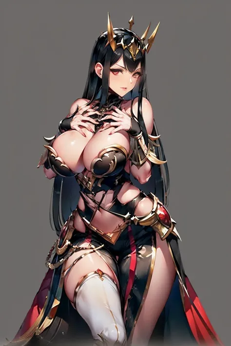 black hair, bare shoulder, red eyes, very long hair, cleavage, large breasts, dress, showgirl skirt, high-leg, cleavage cutout, tiara, bare thighs, gauntlets, bare shoulder, (((extremely detailed hands and fingers, ultra detailed hands and fingers, super d...