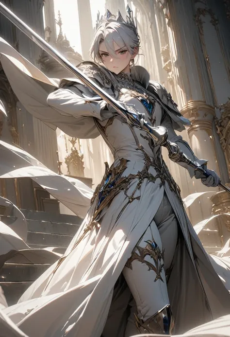 masterpiece, 8k, best quality, highly detailed, a human male princely knight wielding a pure white weapon that resembles a rapier