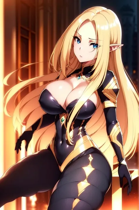 Alpha, blond and long and straight hair, blue eyes, elven ears, black bodysuite, huge breasts, ultra detailed, in the night, ((4k)),((masterpiece)),(best quality),((ultra detailed)), ((beautiful blurry background)), ((cinematic lighting)), depth of field, ...