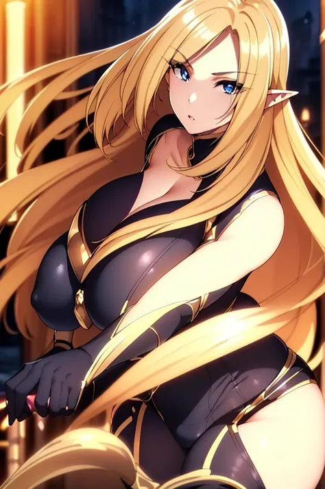 Alpha, blond and long and straight hair, blue eyes, elven ears, black bodysuite, huge breasts, ultra detailed, in the night, ((4k)),((masterpiece)),(best quality),((ultra detailed)), ((beautiful blurry background)), ((cinematic lighting)), depth of field, ...