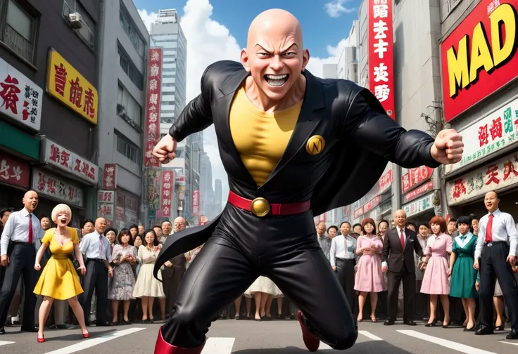 (Mad Magazine cover) Alfred E Neuman as One Punch man Saitama in a heroic pose with classic Newman smile, Tatsumaki (extremely sexualized, big butt, big boobs, classic dress) very mad jumping up and down yelling at Saitama, bloody remains of a beast all ov...