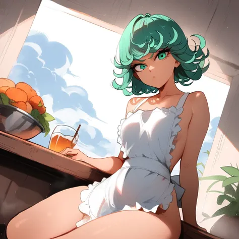 1girl, tatsumaki, one-punch man
 masterpiece, best quality, newest ///// nyantcha, khyle, cutesexyrobutts  thin waist, solo, sky, clouds, cropped legs, angry, day, looking at viewer, dutch angle, naked apron,, sit on kitchen table