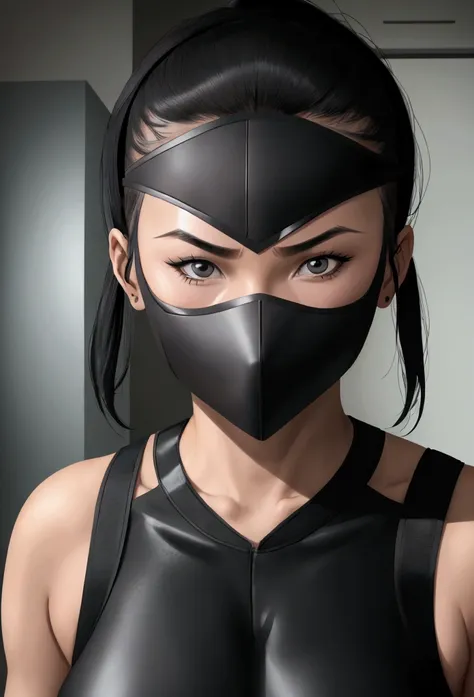 superhero, ninja, modern ninja costume, ninja mask on the face, beautiful american chine woman, chines woman "with bangs", coura...