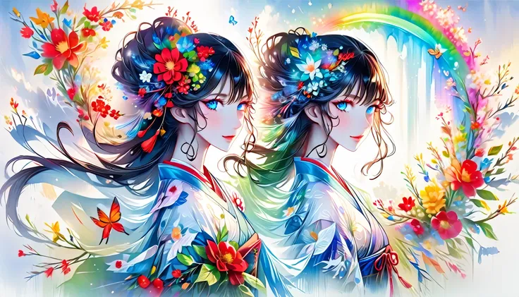 a fusion of watercolor and oil painting, psychedelic world, commemorative photo, japanese kimono,beautiful girl、lolita、15-year-o...