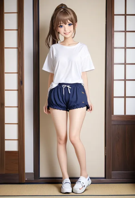 white large plainｔshirt)),((navy blue bloomers)) 、medium chest、ponytail, japanese girls, ((full body shot))， highest quality, ma...