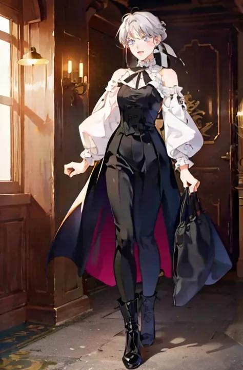 anime - (masterpiece), best quality, seductive eyes, mature face, short straight white hair, black boots, pants, black ribbon, white coat, full body, tall woman, long legs, adult-like female, 1girl, smug face, victorian era, 
