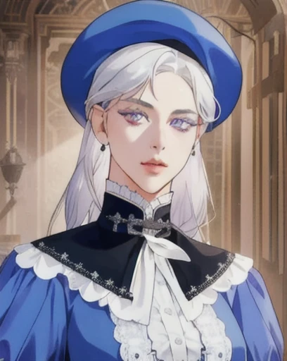 a determined victorian era female merchant in her late 20s, hat, blue dress, straight white hair, monoculars, striking purple eyes, side-swept bangs, long black gloves, detailed realistic portrait, photorealistic, hyperrealistic, 8k, detailed clothing, bea...