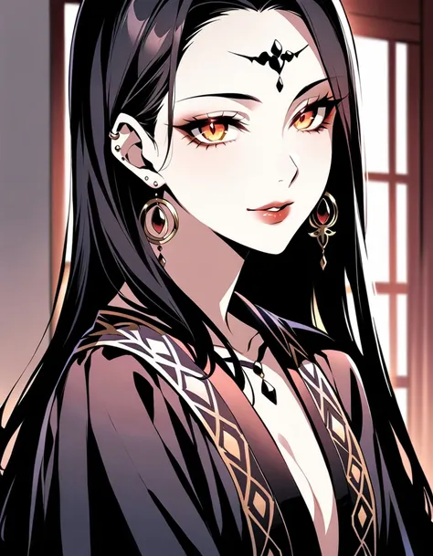 A darkly lit, intimate close-up shot of the enigmatic widows face. Her piercing eyes gleam like polished onyx as she wears an air of sinister allure, her gloss-black kimono framing her porcelain skin like a shroud. A mischievous smile plays upon her lips, ...