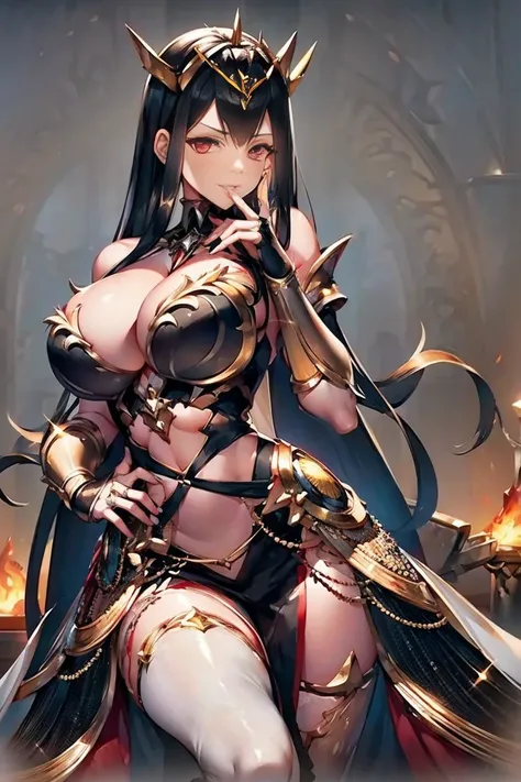 black hair, bare shoulder, red eyes, very long hair, cleavage, large breasts, dress, showgirl skirt, high-leg, cleavage cutout, tiara, bare thighs, gauntlets, bare shoulder, (((extremely detailed hands and fingers, ultra detailed hands and fingers, super d...