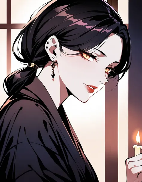 A close-up shot of the widows enigmatic face, illuminated by a single flickering candles soft glow. Her piercing gaze, like a serpents whisper, seems to weave a web of deceit. The glossy black kimono clings to her curves, accentuating the wickedness that s...