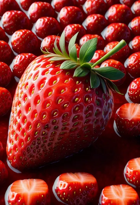 best quality, masterpiece, 8k, 1 strawberry, perspective, low angle shot, close up