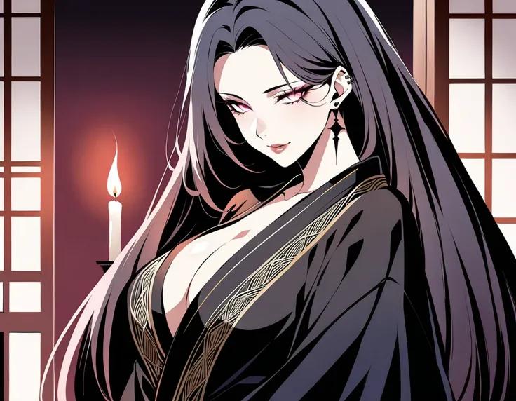 A close-up shot of the widows enigmatic face, illuminated by a single flickering candles soft glow. Her piercing gaze, like a serpents whisper, seems to weave a web of deceit. The glossy black kimono clings to her curves, accentuating the wickedness that s...