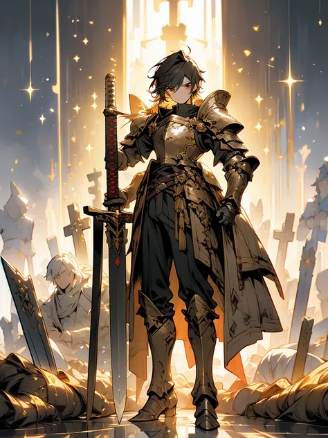 (a teenager male knight in cracked Gold armor), handsome, (( a Greatsword stained with dark gold element)), a giant gate of castle behind him, light from the sky, lots of swords point at the knight, red eyes, silver hair, black hair, gradient hair, chiaros...