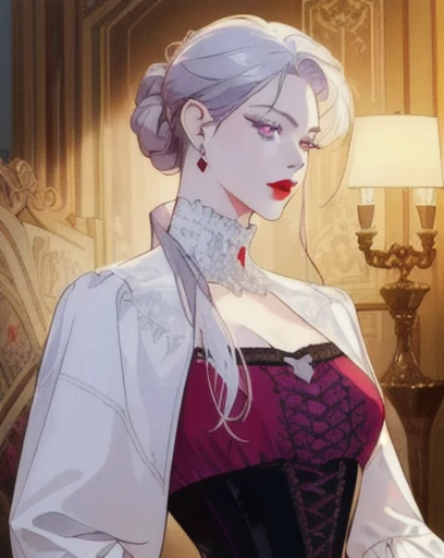 
a mischievous victorian era woman, 30 years old, mischievous, sexy red dress, red lips, updo, long straight white hair, elegant hairdo, striking purple eyes, side-swept bangs, long black gloves, detailed realistic portrait, photorealistic, hyperrealistic,...