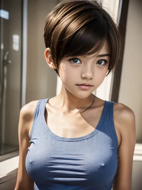 A 13 year old beautiful and slim girl with short hair. Tomboy hair style. Breast can be seen.