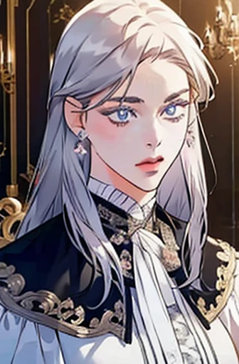 a determined victorian era woman in her late 20s, merchant, straight white medium-length hair, striking purple eyes, detailed realistic portrait, photorealistic, hyperrealistic, 8k, detailed clothing, beautiful detailed eyes, beautiful detailed lips, extre...